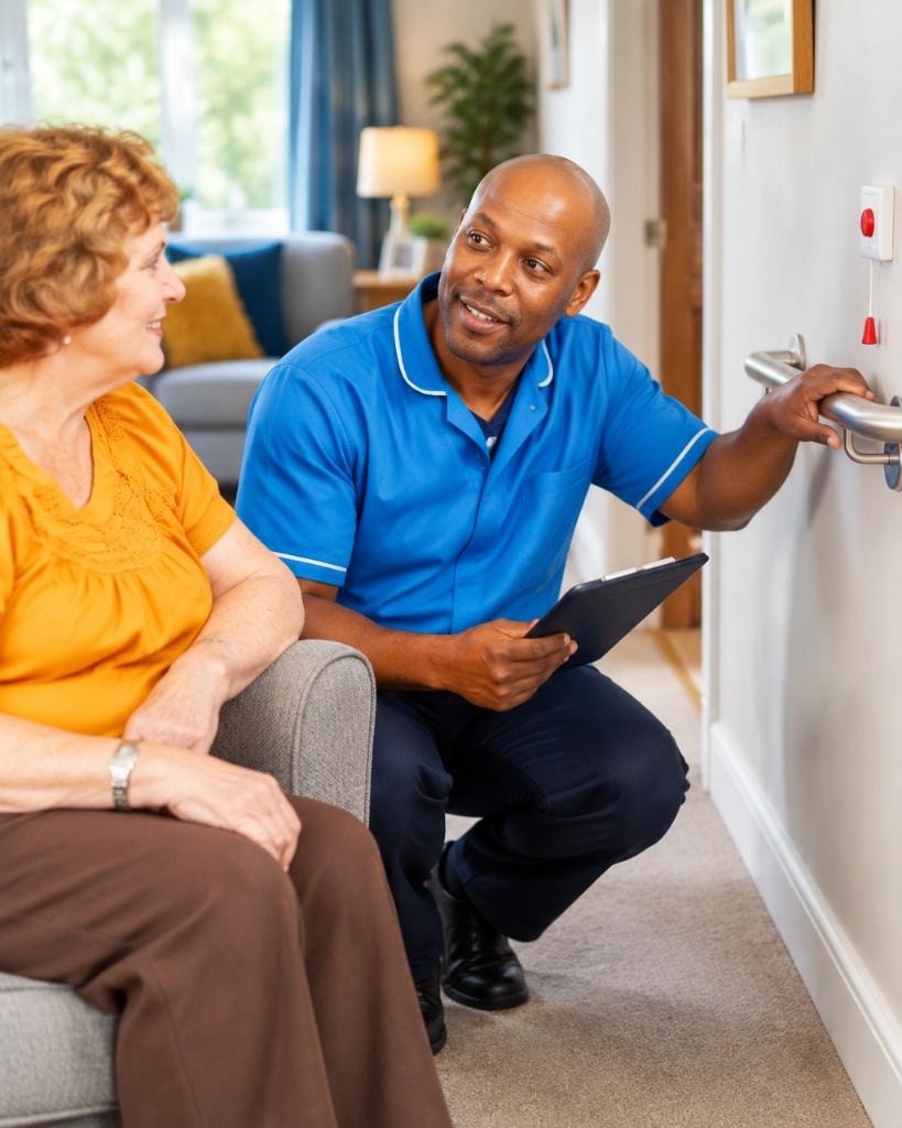 Care worker checking grab rail and alarm with a resident in her home