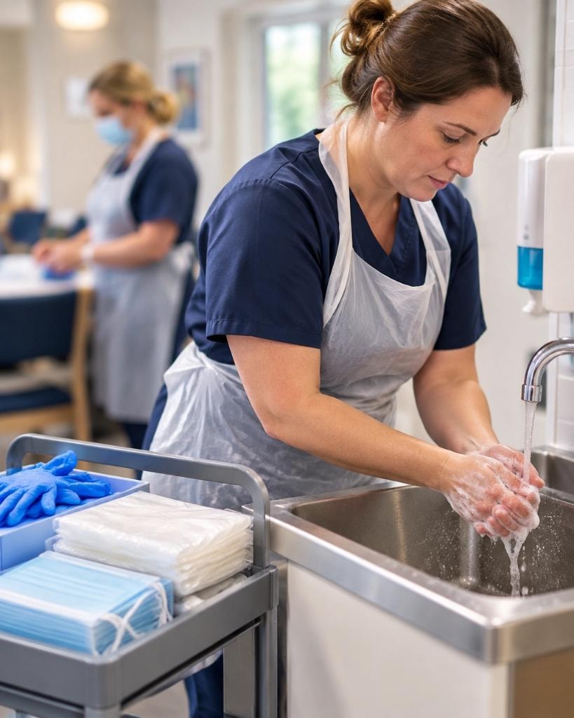 Care worker washing hands thoroughly at a clinical sink with PPE trolley alongside