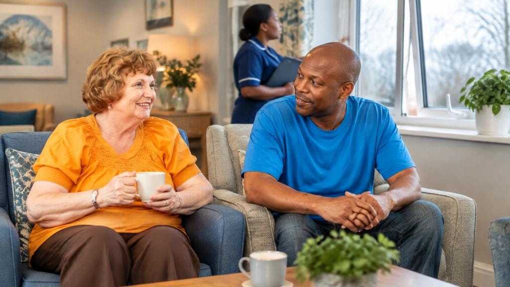 Care worker and elderly resident sharing a relaxed conversation over tea, with a nurse attending in the background